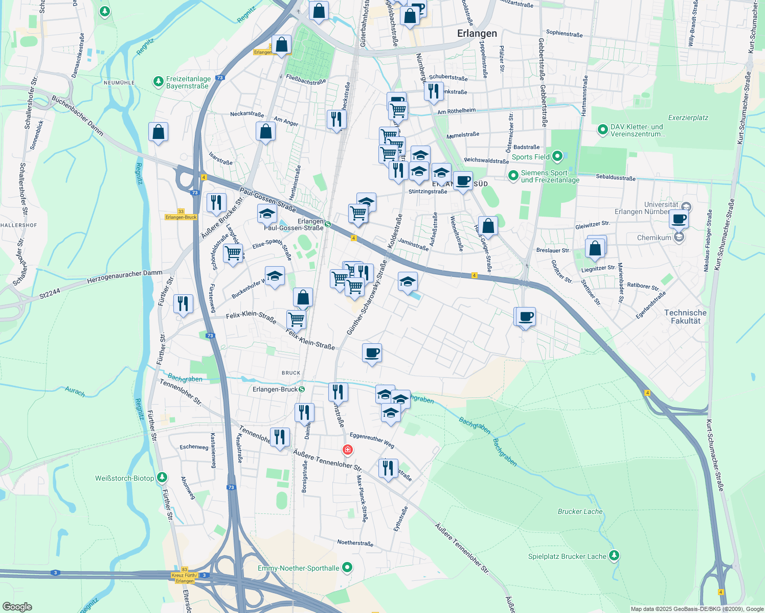 map of restaurants, bars, coffee shops, grocery stores, and more near 2 Schuckertstraße in Erlangen