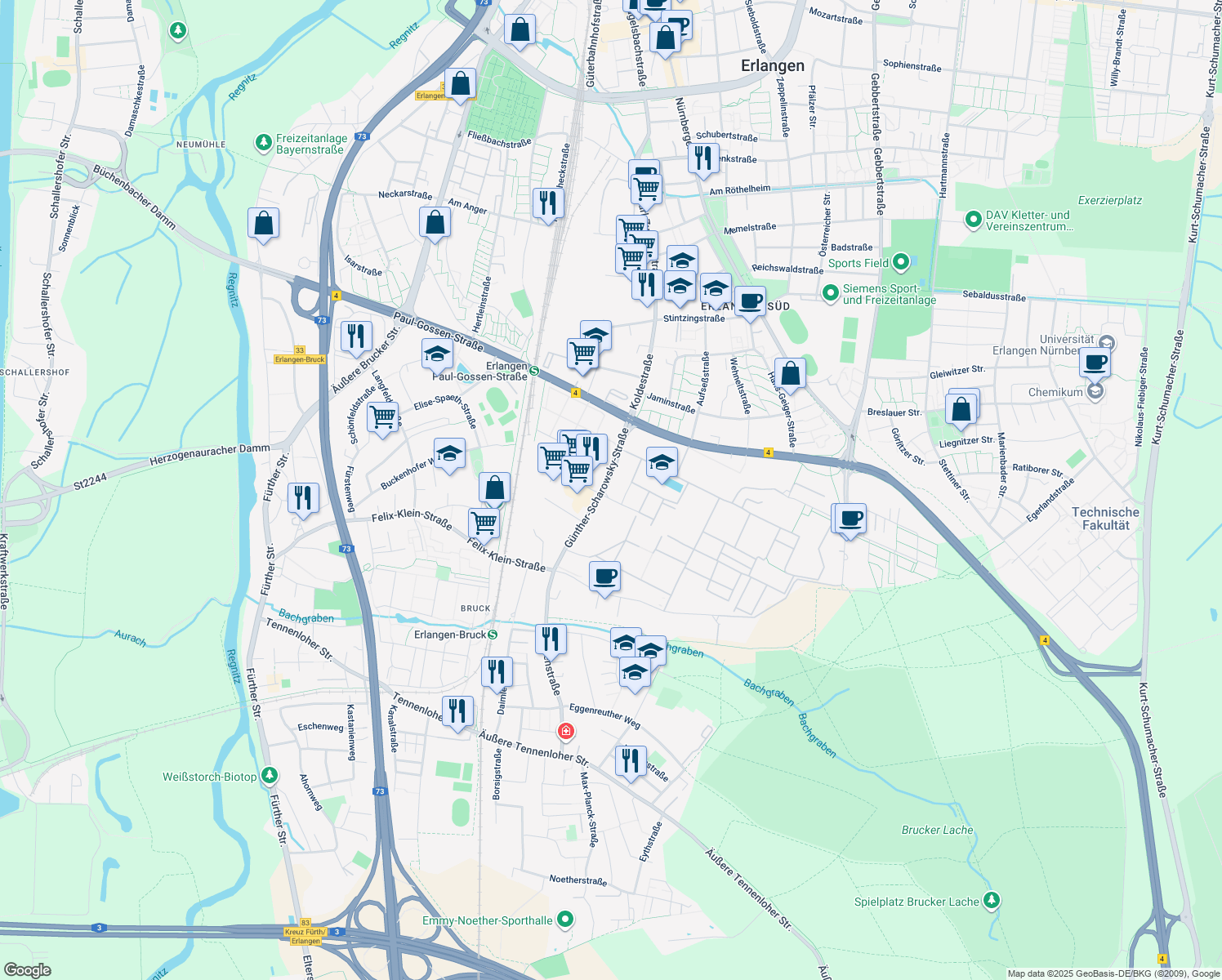 map of restaurants, bars, coffee shops, grocery stores, and more near 2 Schuckertstraße in Erlangen