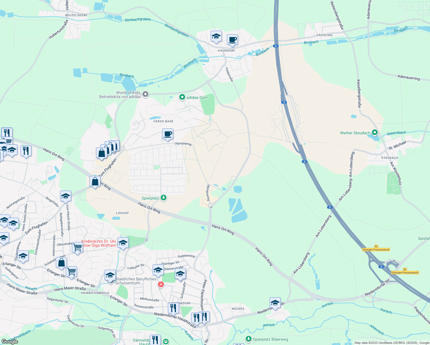 map of restaurants, bars, coffee shops, grocery stores, and more near 4 Adi-Dassler-Straße in Herzogenaurach