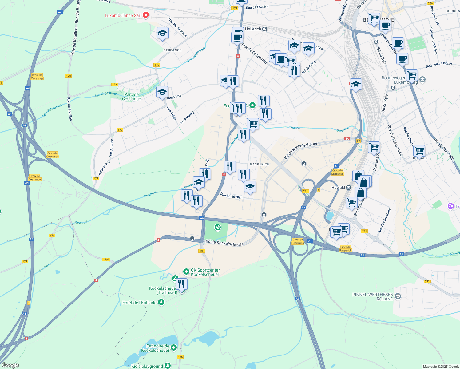 map of restaurants, bars, coffee shops, grocery stores, and more near 10 Rue Henri M. Schnadt in Luxembourg