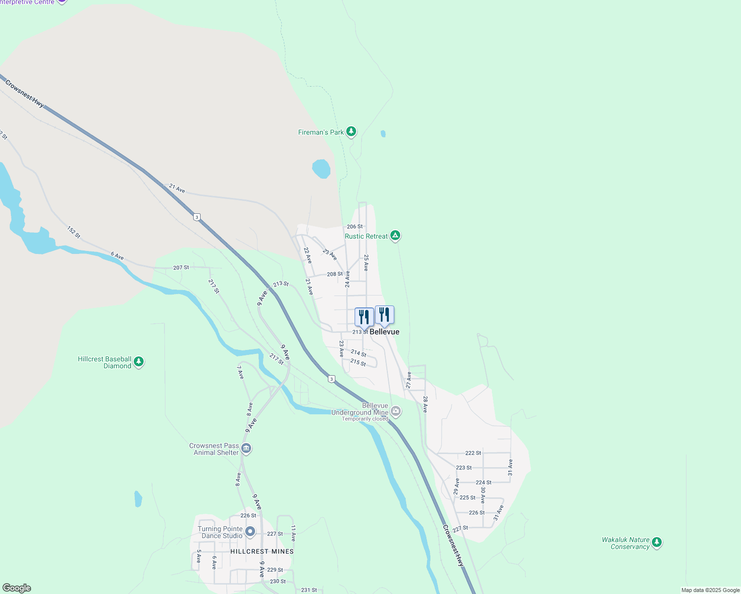 map of restaurants, bars, coffee shops, grocery stores, and more near 2505 210 Street in Crowsnest Pass