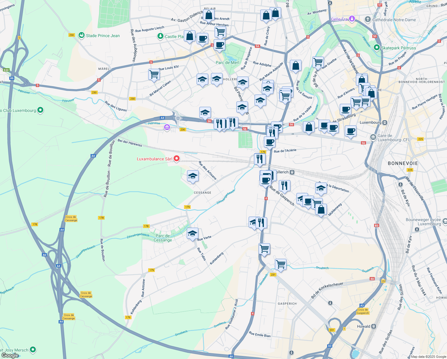 map of restaurants, bars, coffee shops, grocery stores, and more near 75 Rue de Cessange in Luxembourg