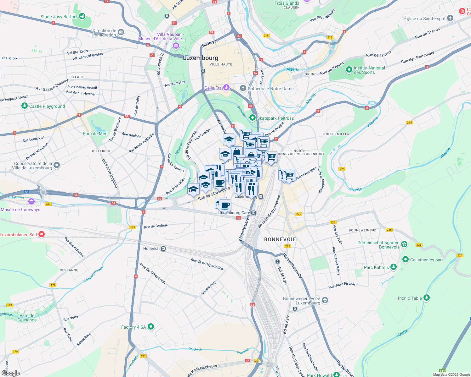 map of restaurants, bars, coffee shops, grocery stores, and more near 30 Rue Joseph Junck in Luxembourg