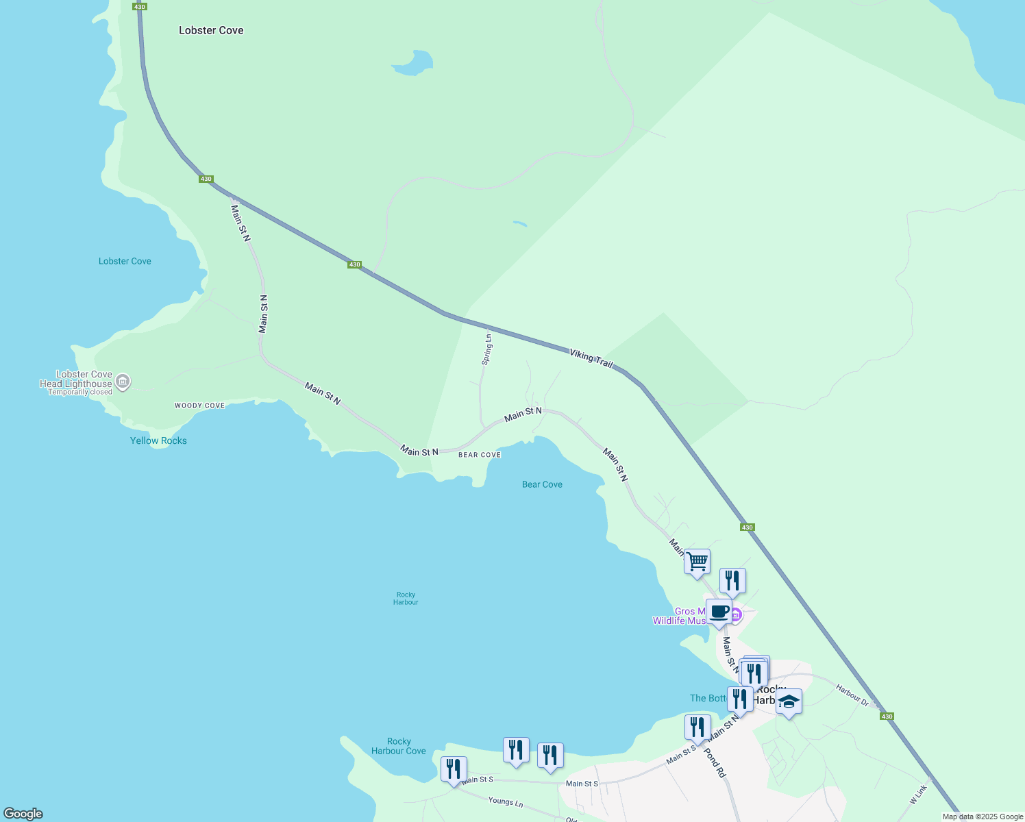 map of restaurants, bars, coffee shops, grocery stores, and more near 200 Main Street North in Rocky Harbour