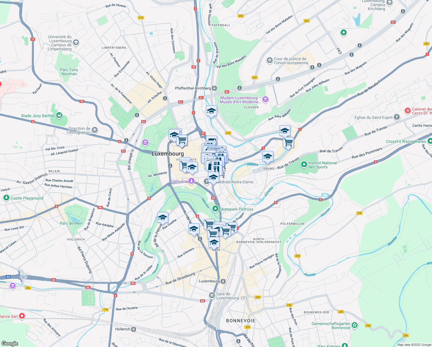map of restaurants, bars, coffee shops, grocery stores, and more near 4 Rue de l'Eau in Luxembourg