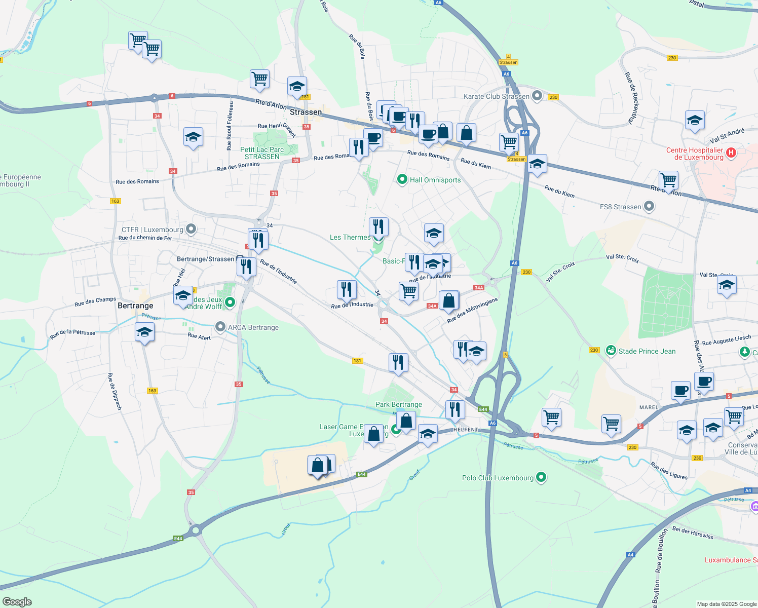 map of restaurants, bars, coffee shops, grocery stores, and more near in Bertrange