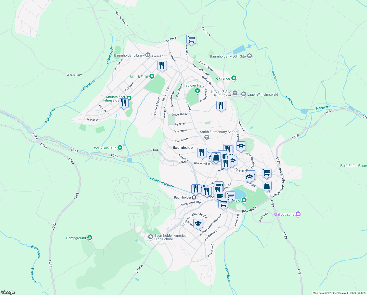 map of restaurants, bars, coffee shops, grocery stores, and more near in Baumholder