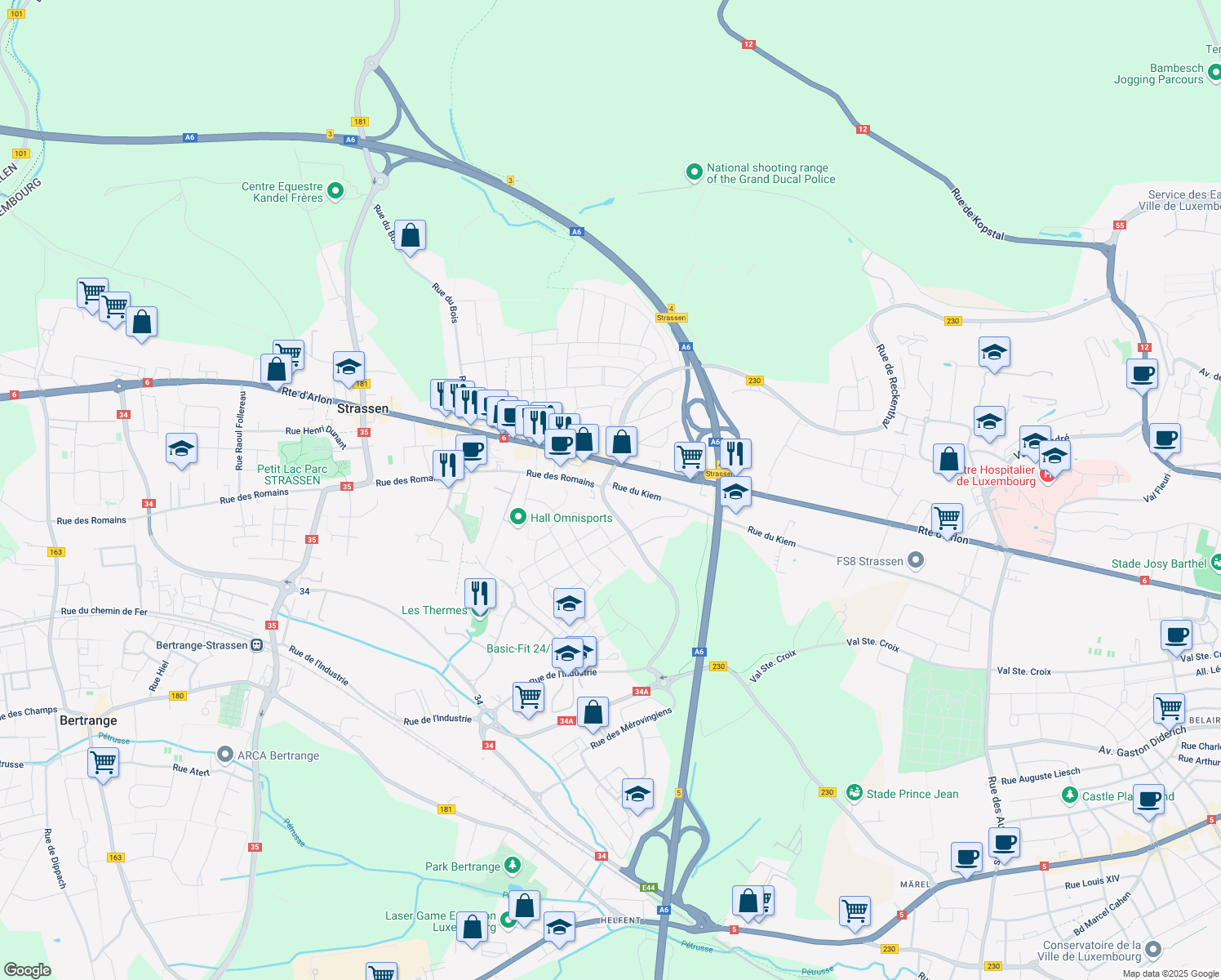 map of restaurants, bars, coffee shops, grocery stores, and more near 4 Rue du Kiem in Strassen