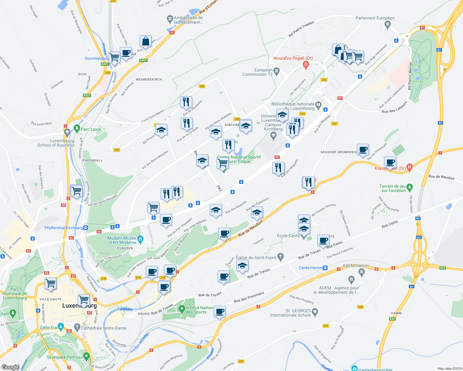 map of restaurants, bars, coffee shops, grocery stores, and more near 23 Avenue J-f Kennedy in Luxembourg