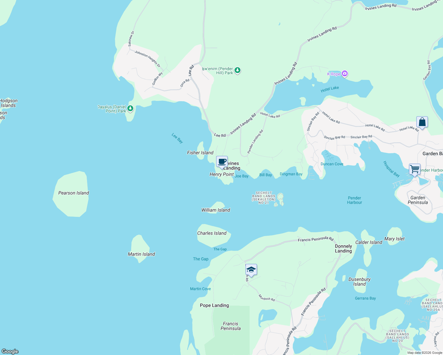map of restaurants, bars, coffee shops, grocery stores, and more near 13219 Dames Road in Garden Bay