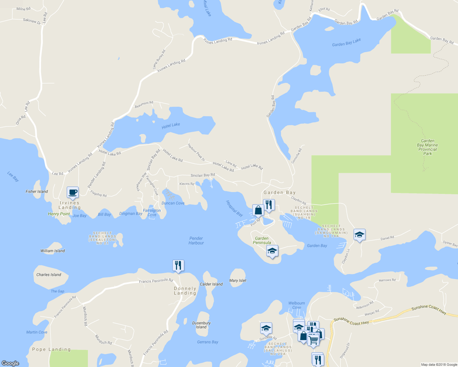 map of restaurants, bars, coffee shops, grocery stores, and more near 4830 Sinclair Bay Road in Garden Bay