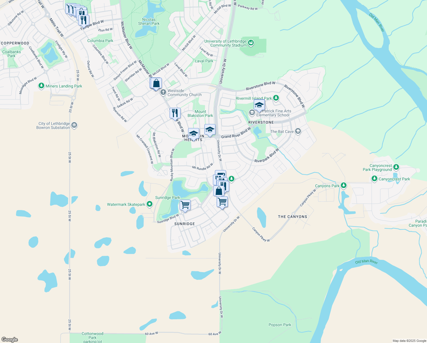map of restaurants, bars, coffee shops, grocery stores, and more near 231 Mount Sunburst Place West in Lethbridge