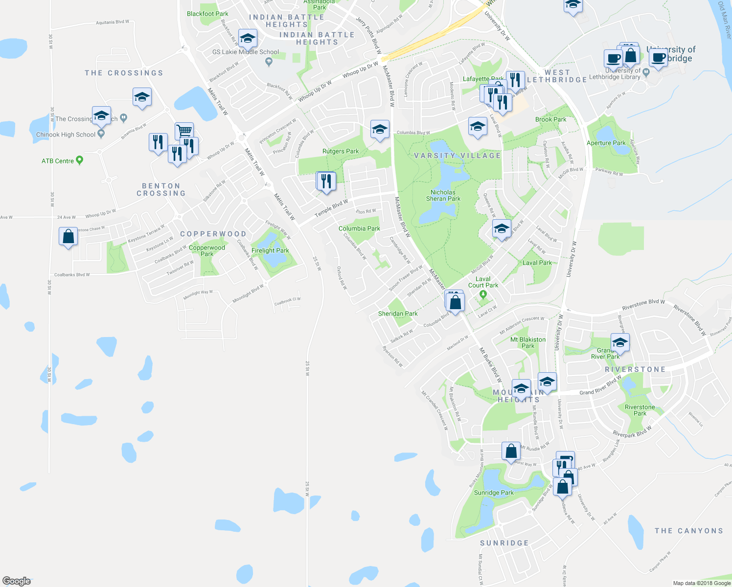 map of restaurants, bars, coffee shops, grocery stores, and more near 158 Oxford Road West in Lethbridge
