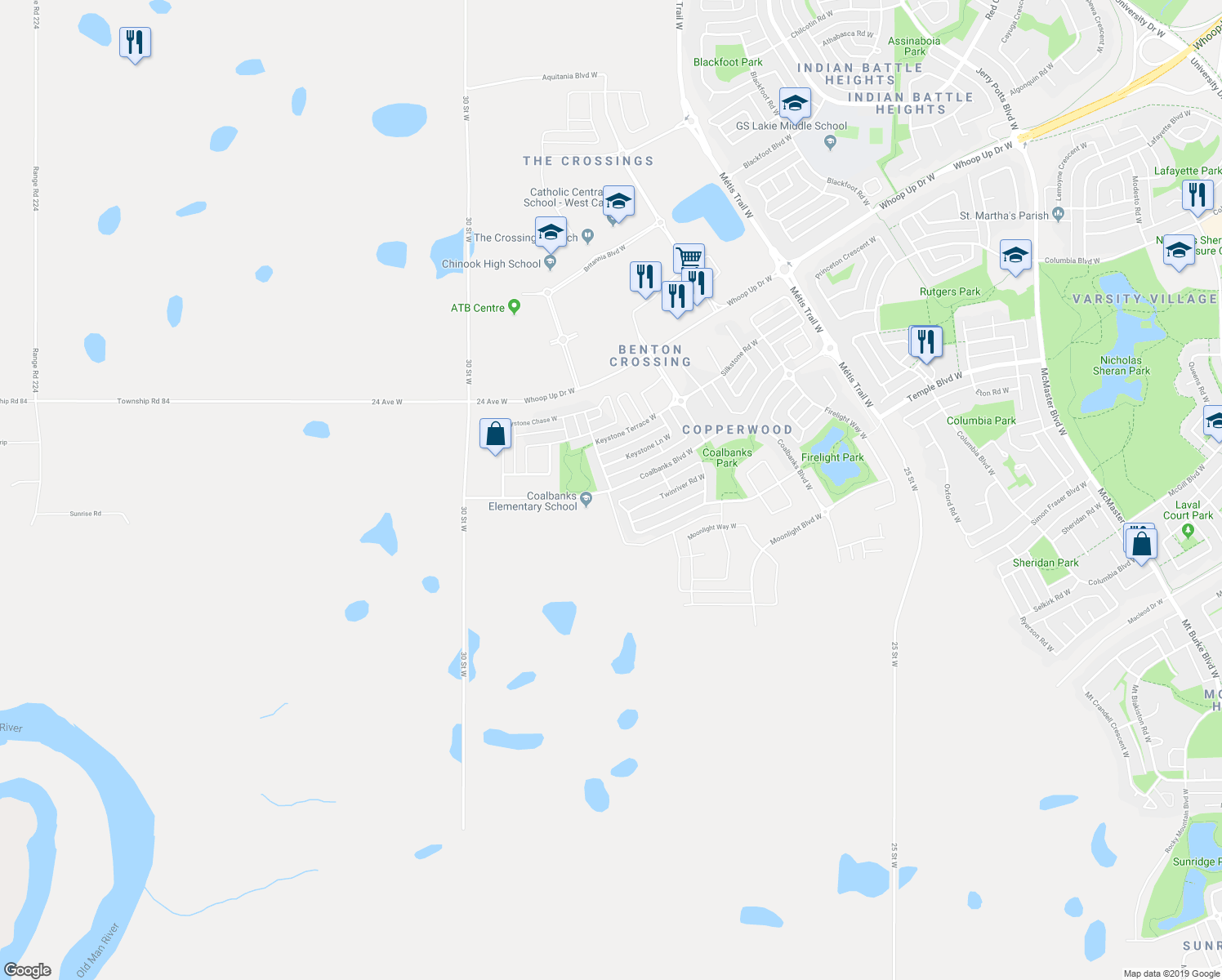 map of restaurants, bars, coffee shops, grocery stores, and more near 317 Coalbanks Boulevard West in Lethbridge