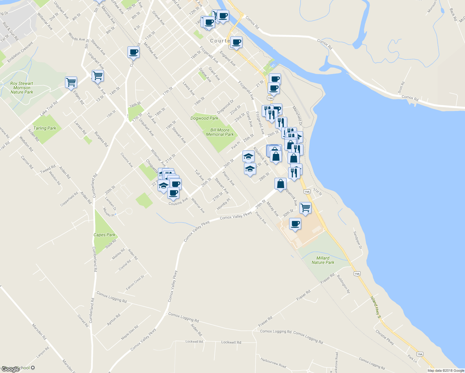map of restaurants, bars, coffee shops, grocery stores, and more near 2705 Piercy Avenue in Courtenay