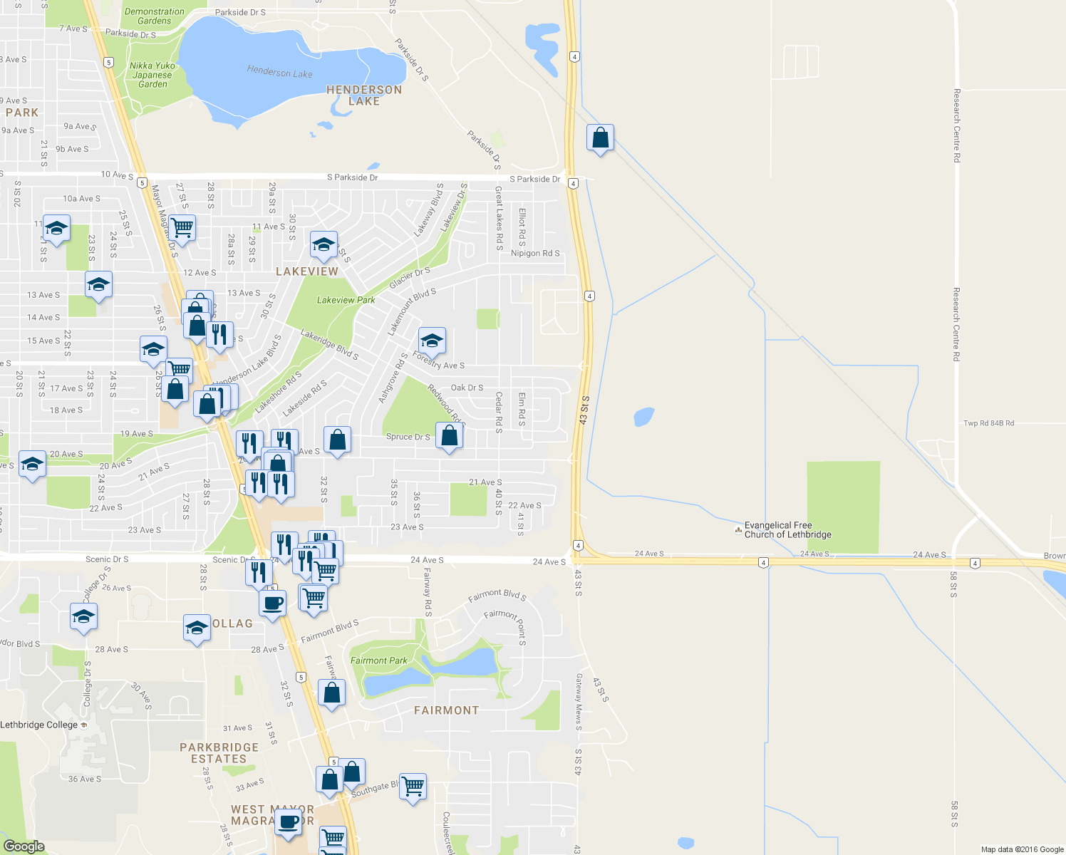 map of restaurants, bars, coffee shops, grocery stores, and more near 122 Elm Crescent South in Lethbridge