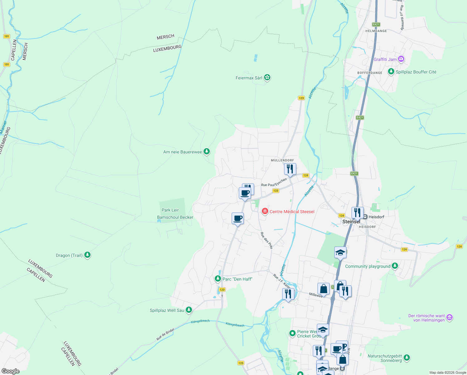 map of restaurants, bars, coffee shops, grocery stores, and more near 27 Rue de la Foret in Steinsel