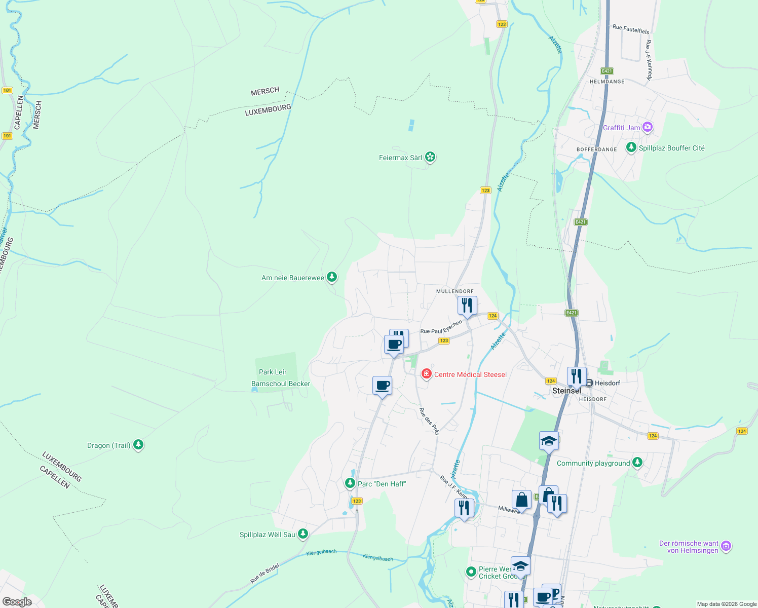 map of restaurants, bars, coffee shops, grocery stores, and more near 10 Rue de la Foret in Steinsel