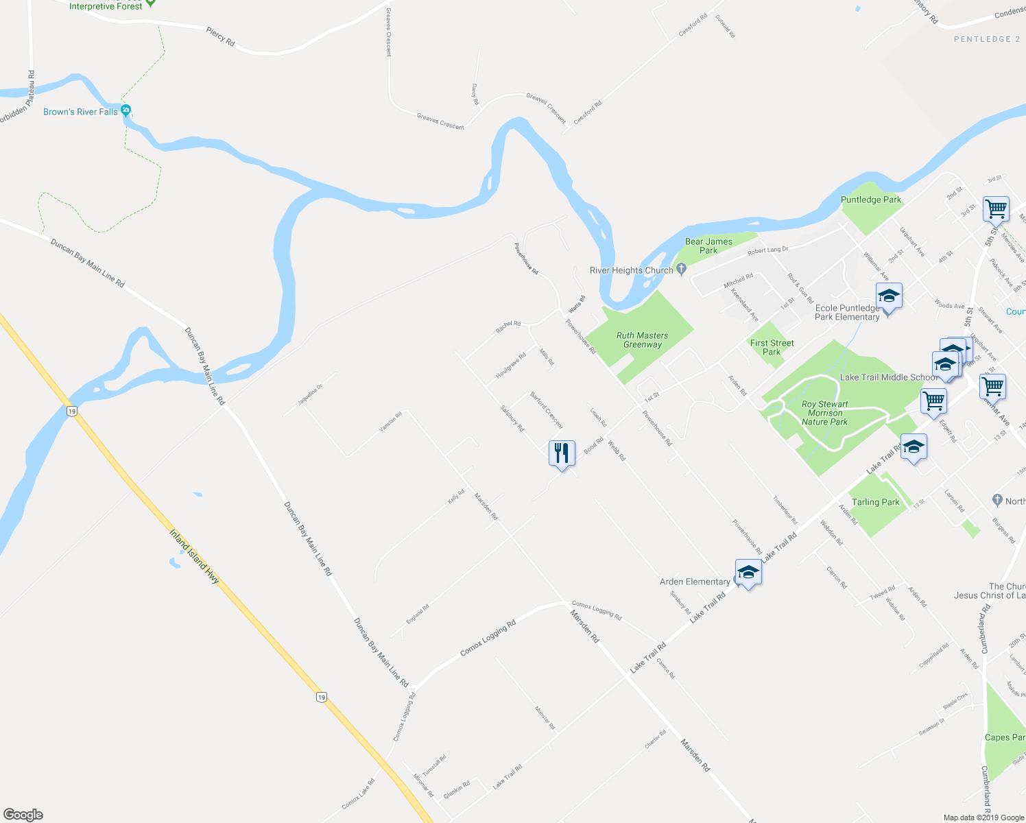 map of restaurants, bars, coffee shops, grocery stores, and more near 60 Salsbury Road in Courtenay