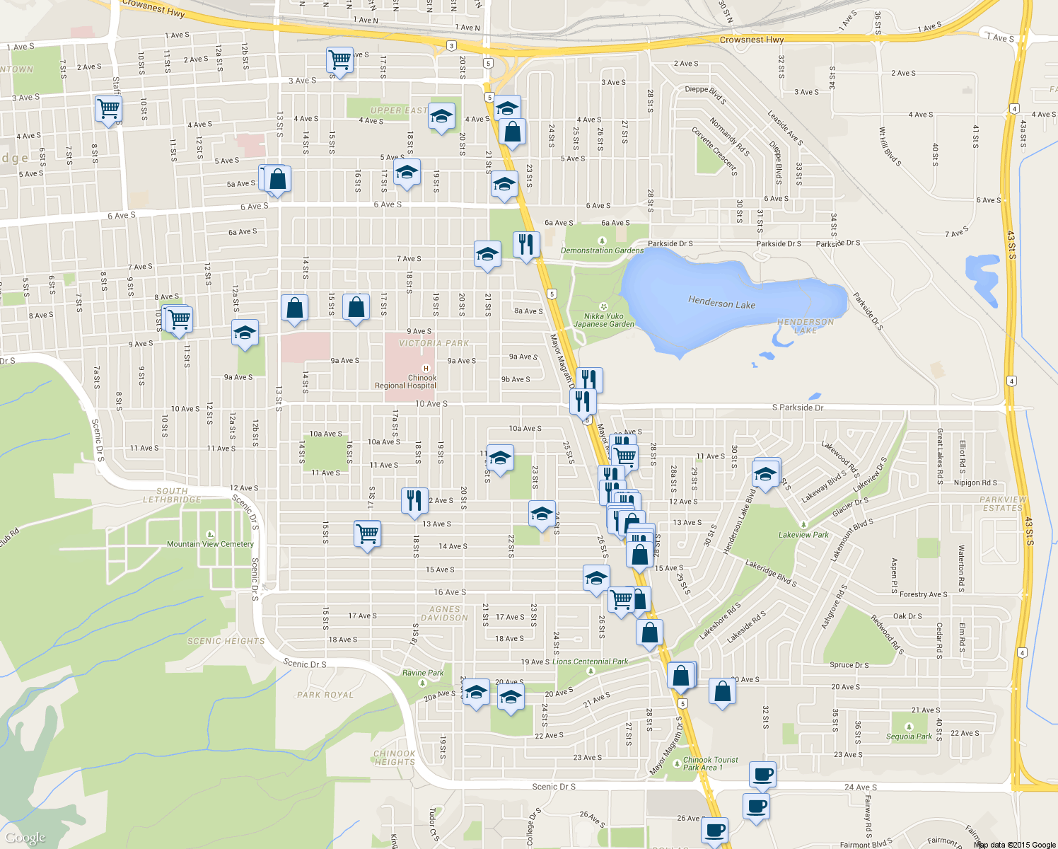 map of restaurants, bars, coffee shops, grocery stores, and more near 2209 10A Avenue South in Lethbridge