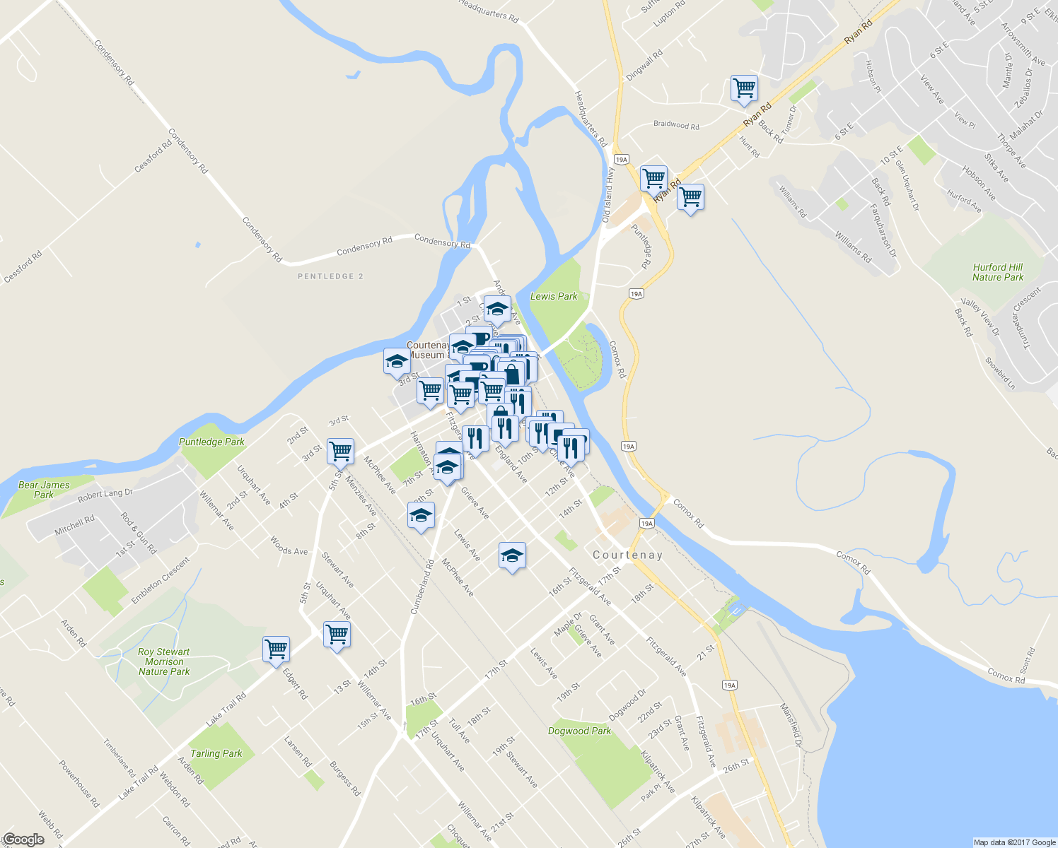 map of restaurants, bars, coffee shops, grocery stores, and more near 230 8th Street in Courtenay