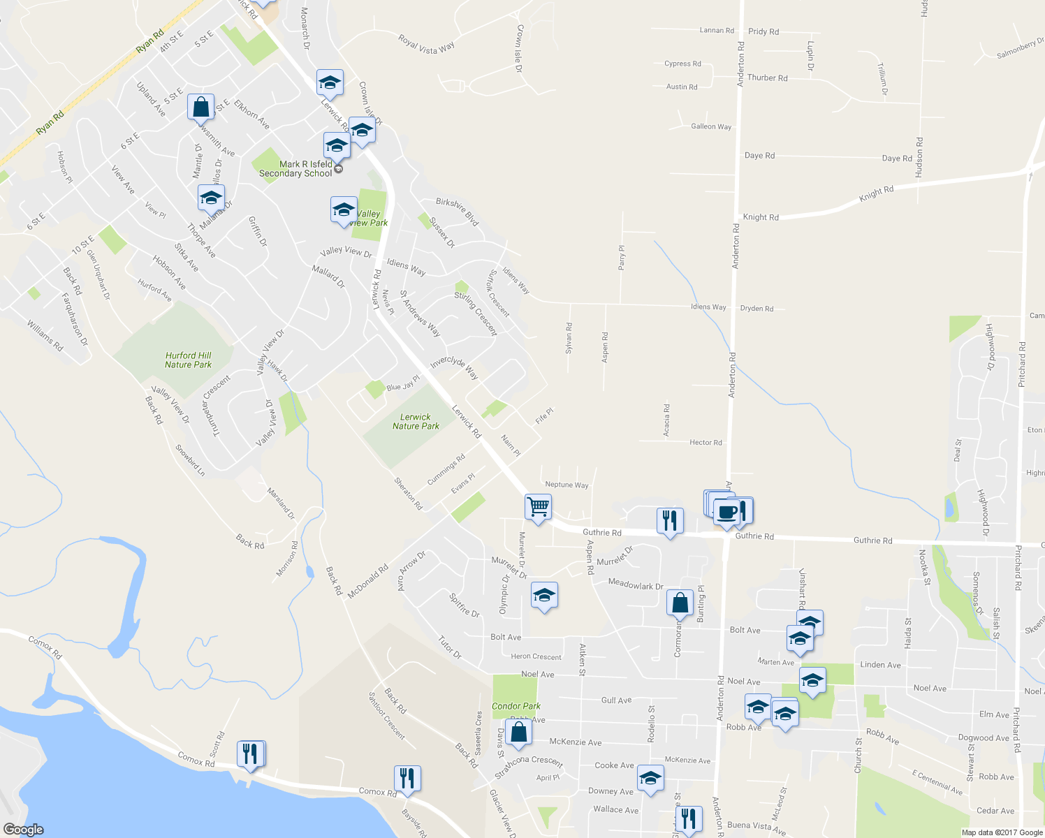 map of restaurants, bars, coffee shops, grocery stores, and more near 2785 Inverclyde Way in Courtenay