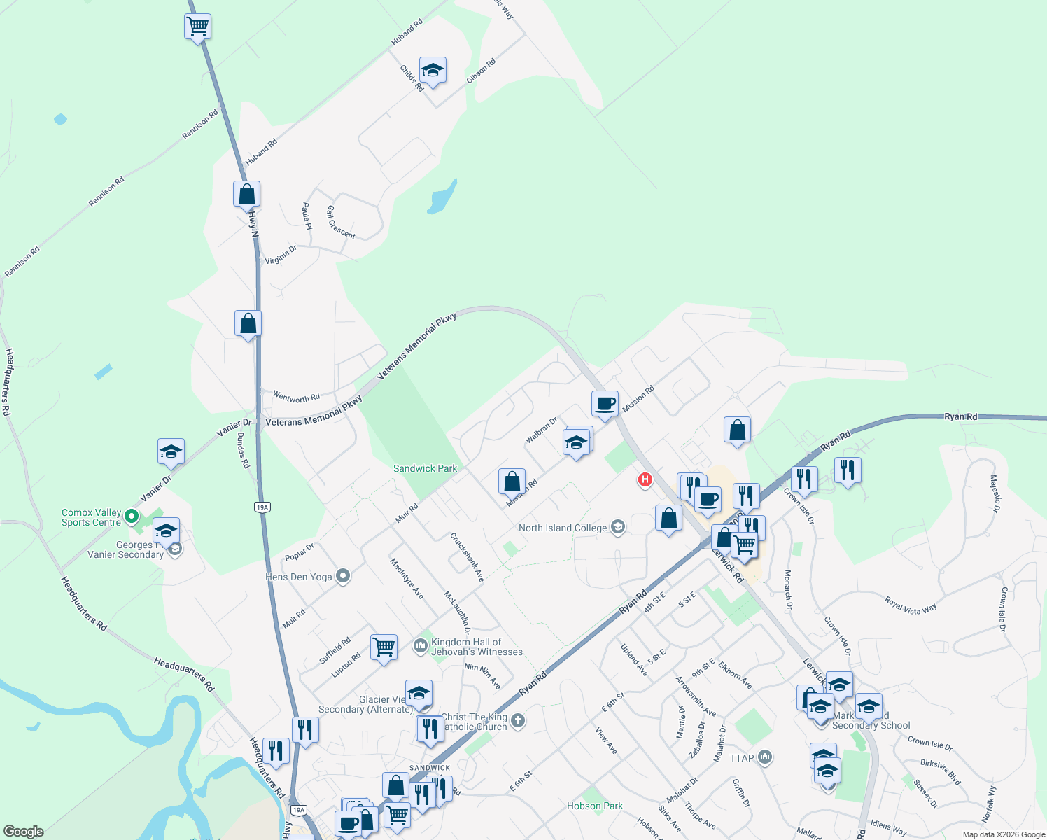 map of restaurants, bars, coffee shops, grocery stores, and more near Mustang Lane in Courtenay