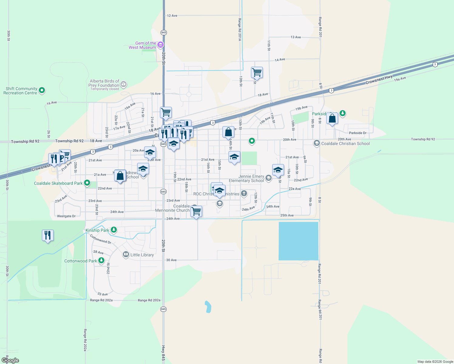 map of restaurants, bars, coffee shops, grocery stores, and more near 1405 22nd Avenue in Coaldale