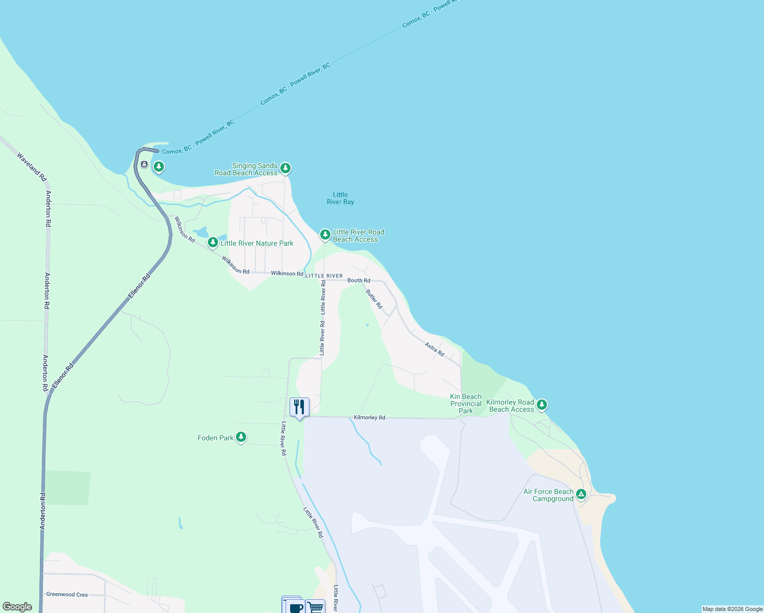map of restaurants, bars, coffee shops, grocery stores, and more near 1816 Butler Road in Comox