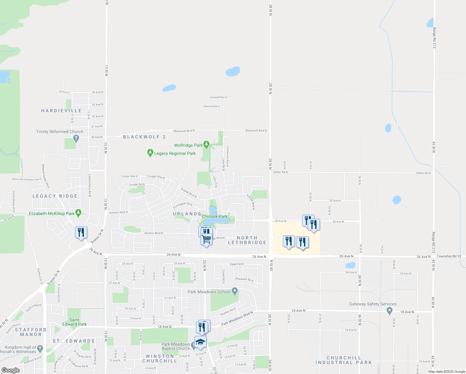 map of restaurants, bars, coffee shops, grocery stores, and more near 138 Lynx Cove North in Lethbridge