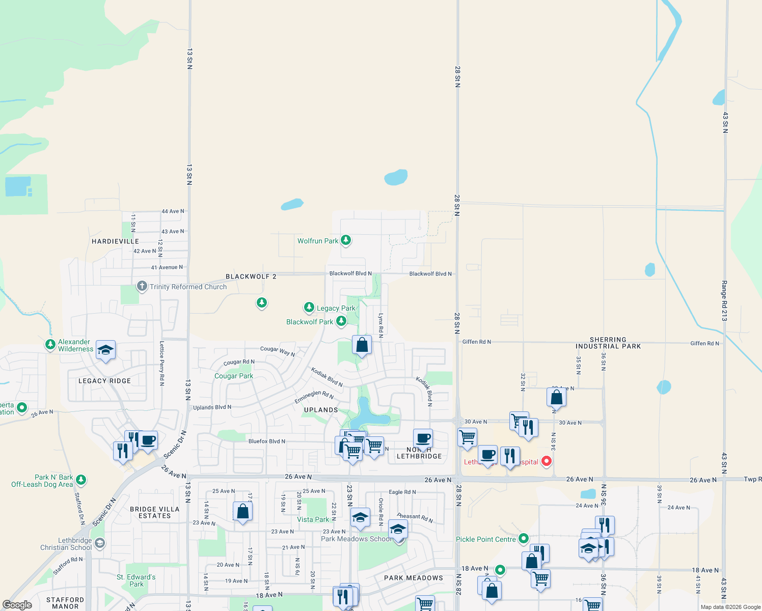 map of restaurants, bars, coffee shops, grocery stores, and more near 183 Lynx Road North in Lethbridge