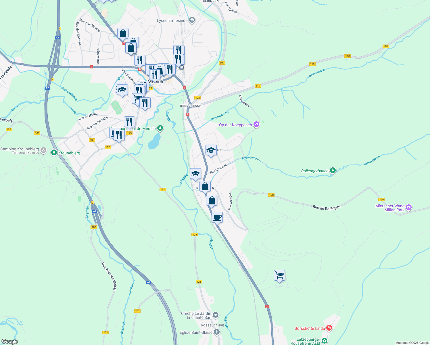 map of restaurants, bars, coffee shops, grocery stores, and more near in Mersch