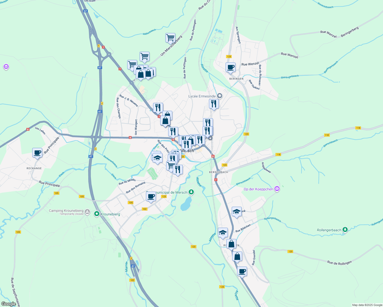 map of restaurants, bars, coffee shops, grocery stores, and more near Centre Marisca in Mersch