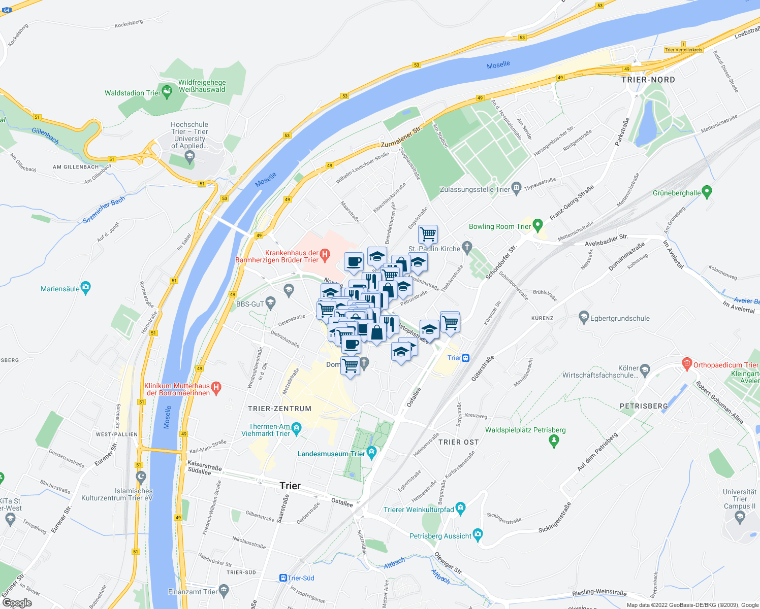 map of restaurants, bars, coffee shops, grocery stores, and more near Porta-Nigra-Platz in Trier