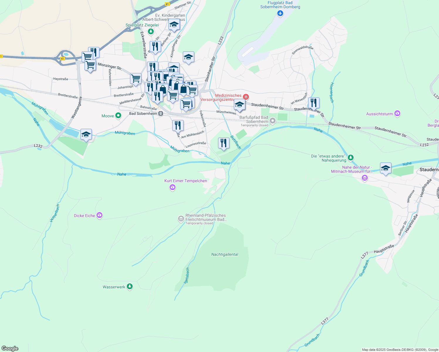 map of restaurants, bars, coffee shops, grocery stores, and more near 100 Felkestraße in Bad Sobernheim