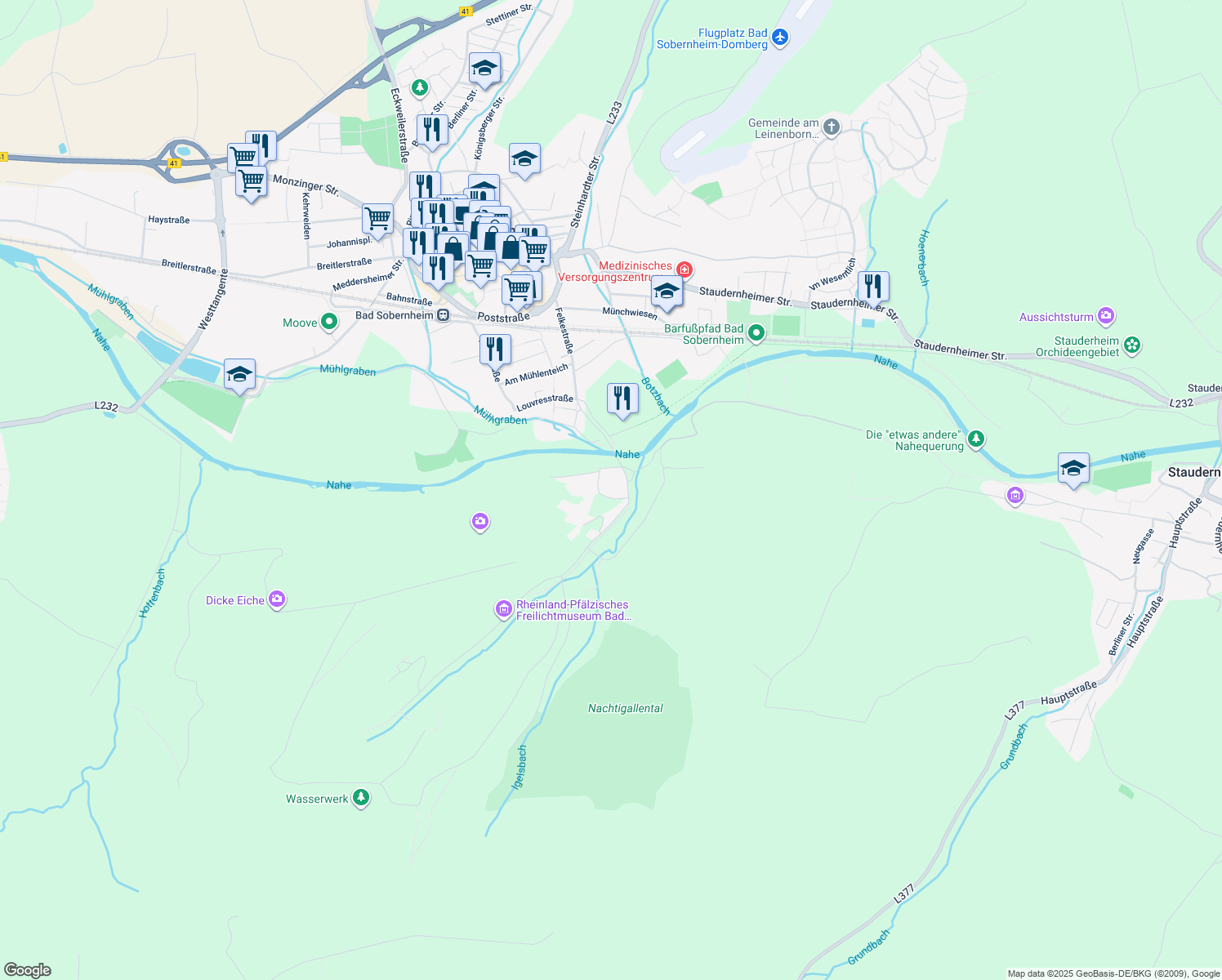 map of restaurants, bars, coffee shops, grocery stores, and more near 100 Felkestraße in Bad Sobernheim