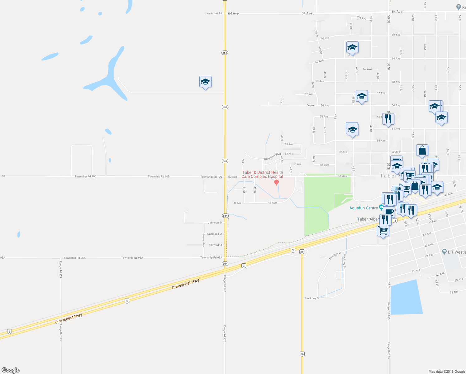 map of restaurants, bars, coffee shops, grocery stores, and more near 4902 40 Street in Taber