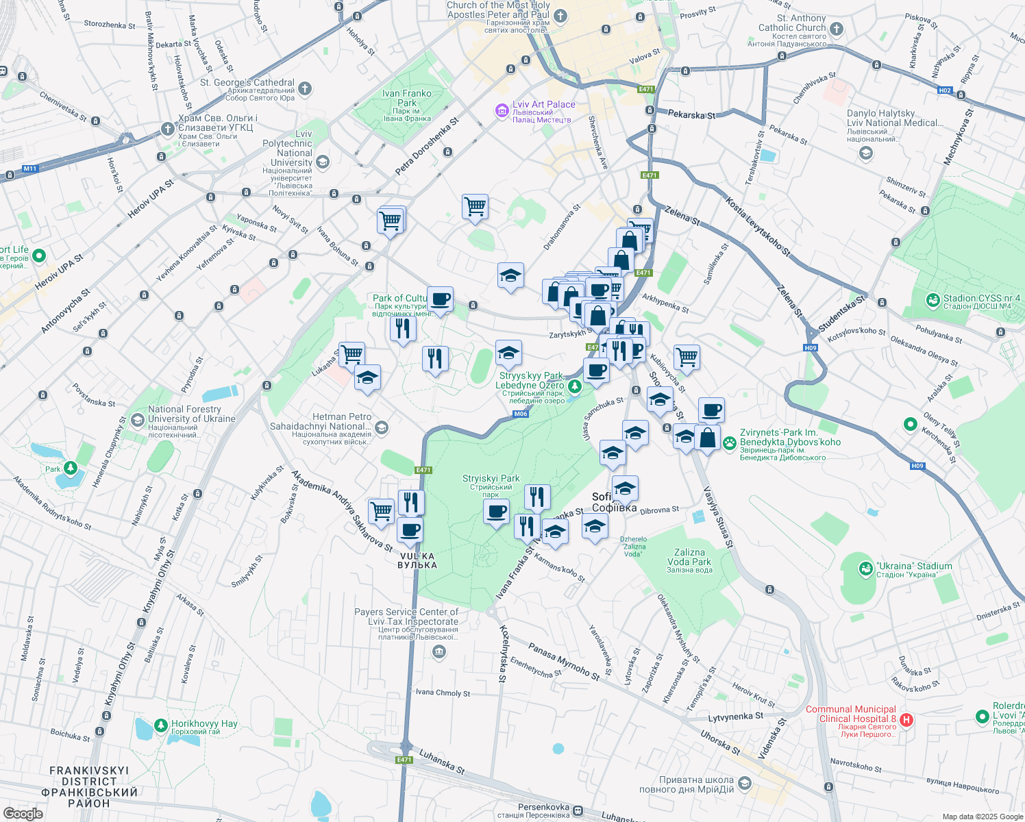 map of restaurants, bars, coffee shops, grocery stores, and more near 48 Stryiska Street in L'viv