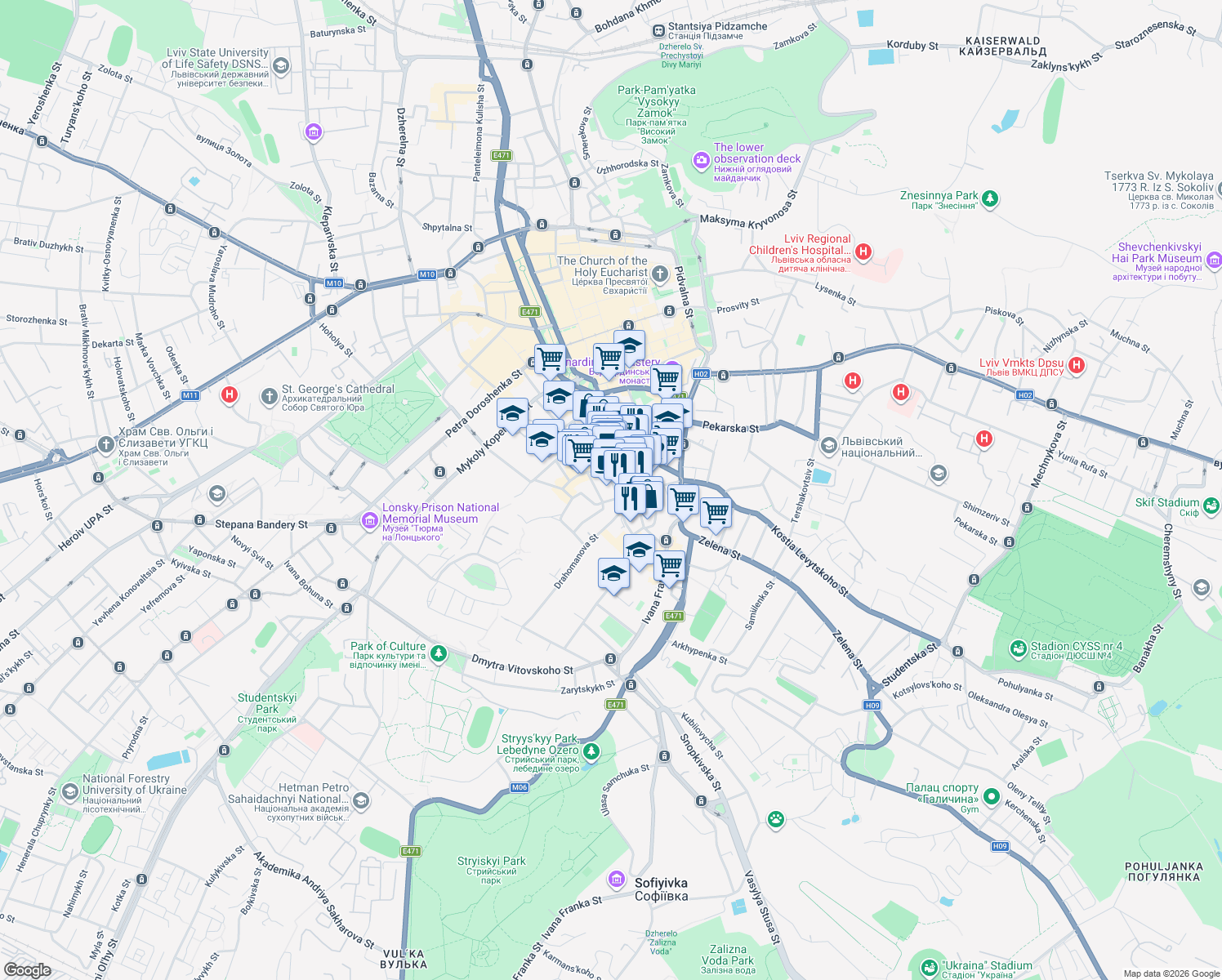 map of restaurants, bars, coffee shops, grocery stores, and more near 6 Avhustyna Voloshyna street in Lviv