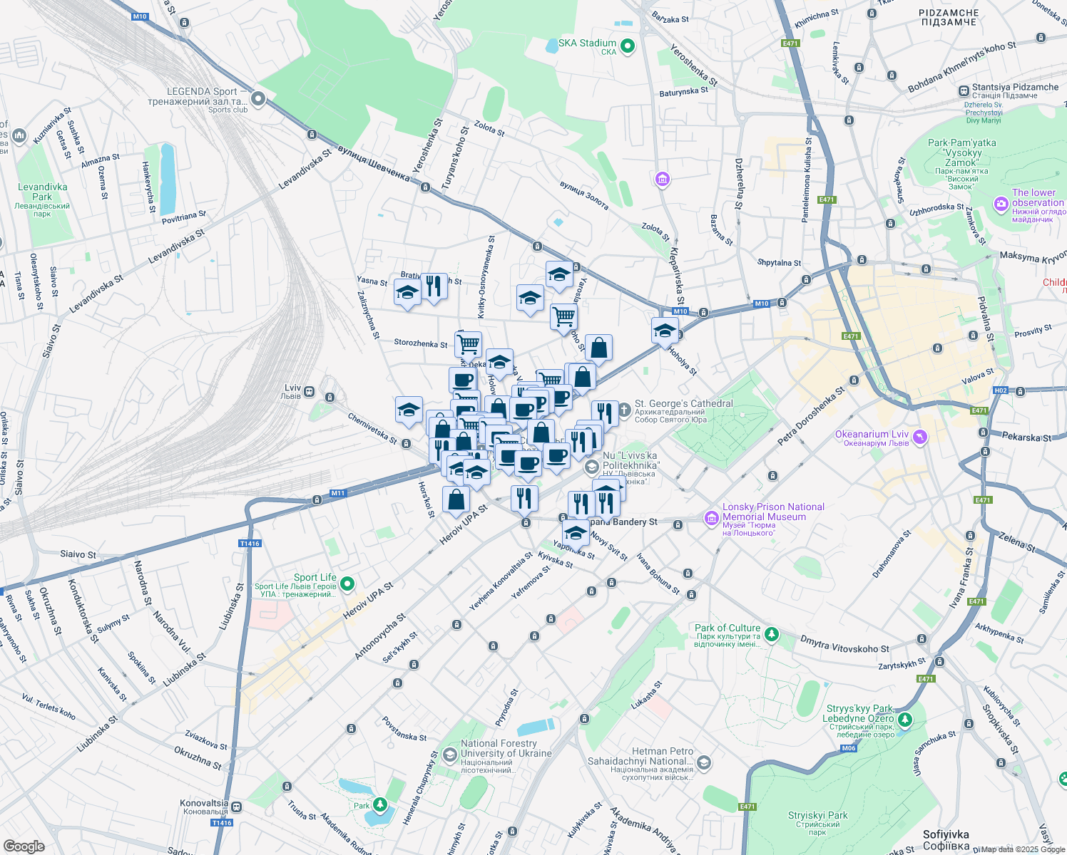 map of restaurants, bars, coffee shops, grocery stores, and more near 107 Horodotska Street in Lviv