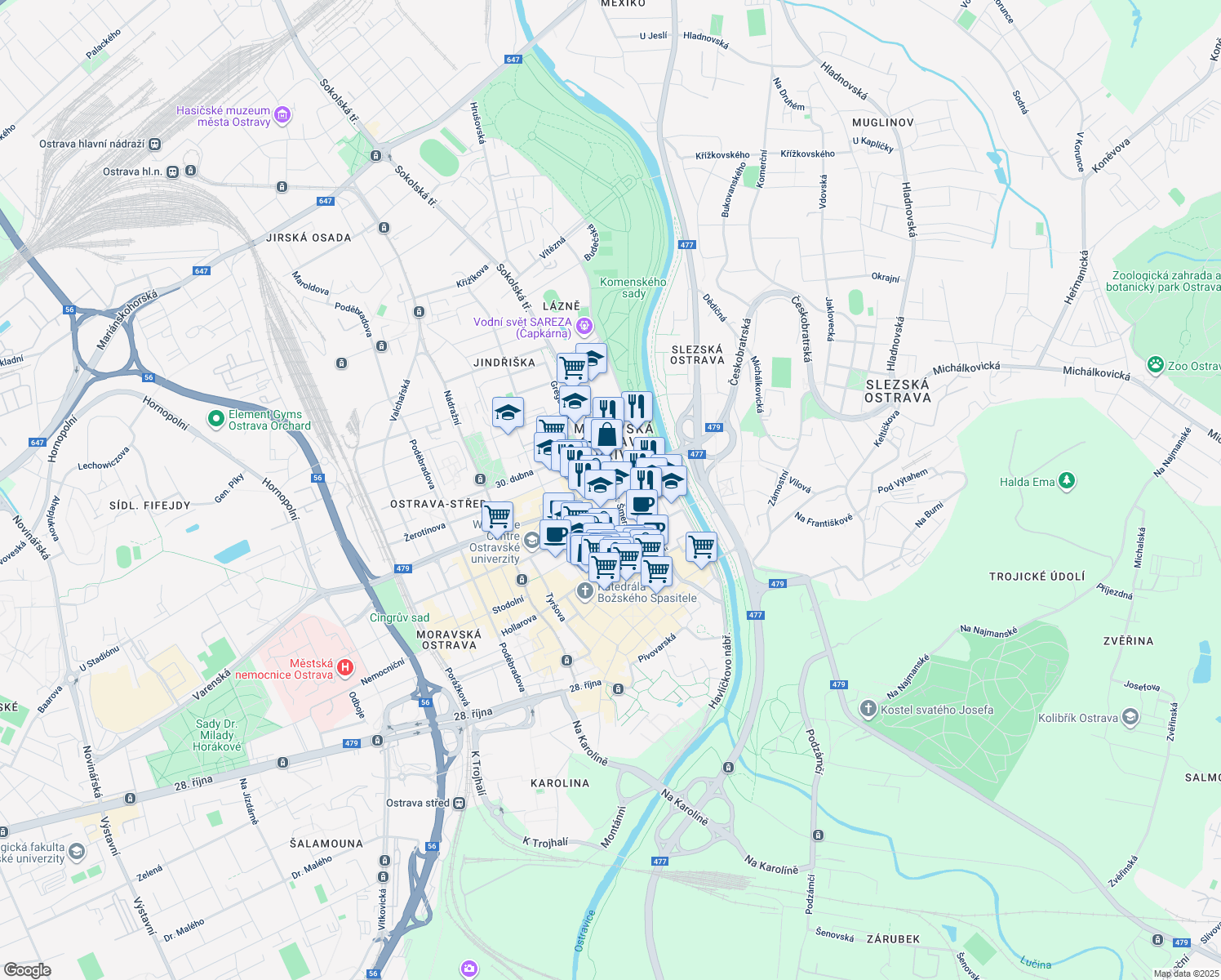 map of restaurants, bars, coffee shops, grocery stores, and more near 5 Českobratrská in Ostrava