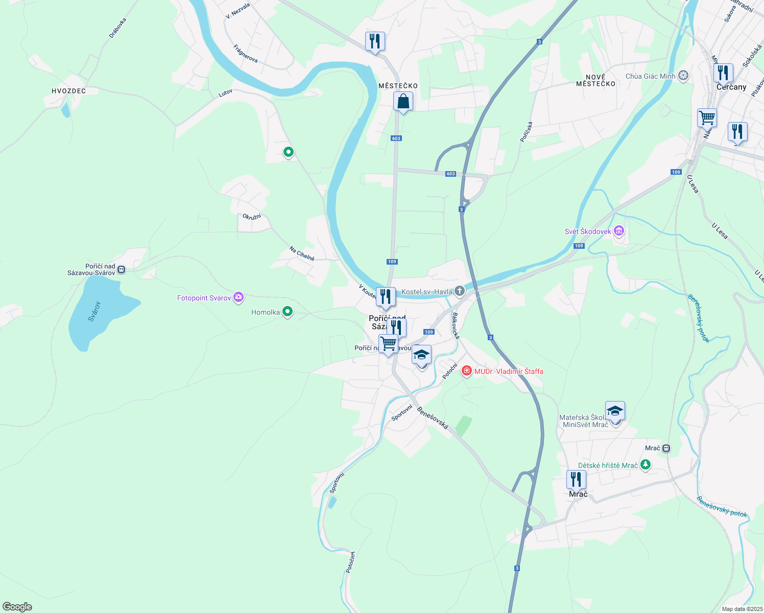 map of restaurants, bars, coffee shops, grocery stores, and more near Pražská in Poříčí nad Sázavou
