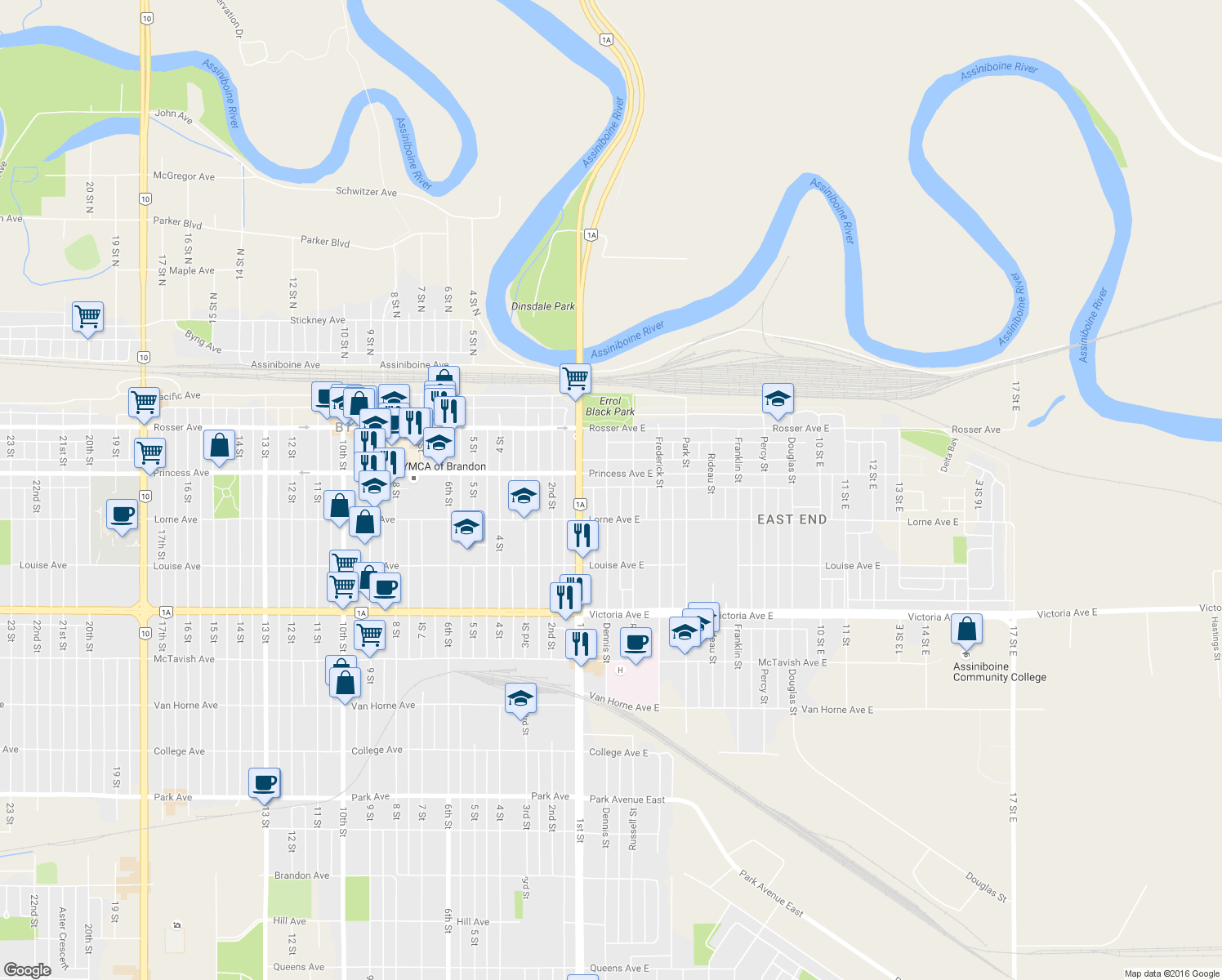 map of restaurants, bars, coffee shops, grocery stores, and more near 219 Dennis Street in Brandon
