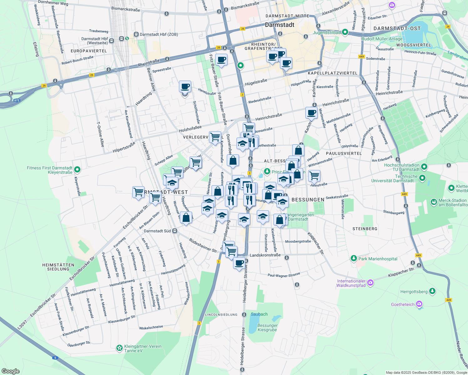 map of restaurants, bars, coffee shops, grocery stores, and more near 38 Donnersbergring in Darmstadt