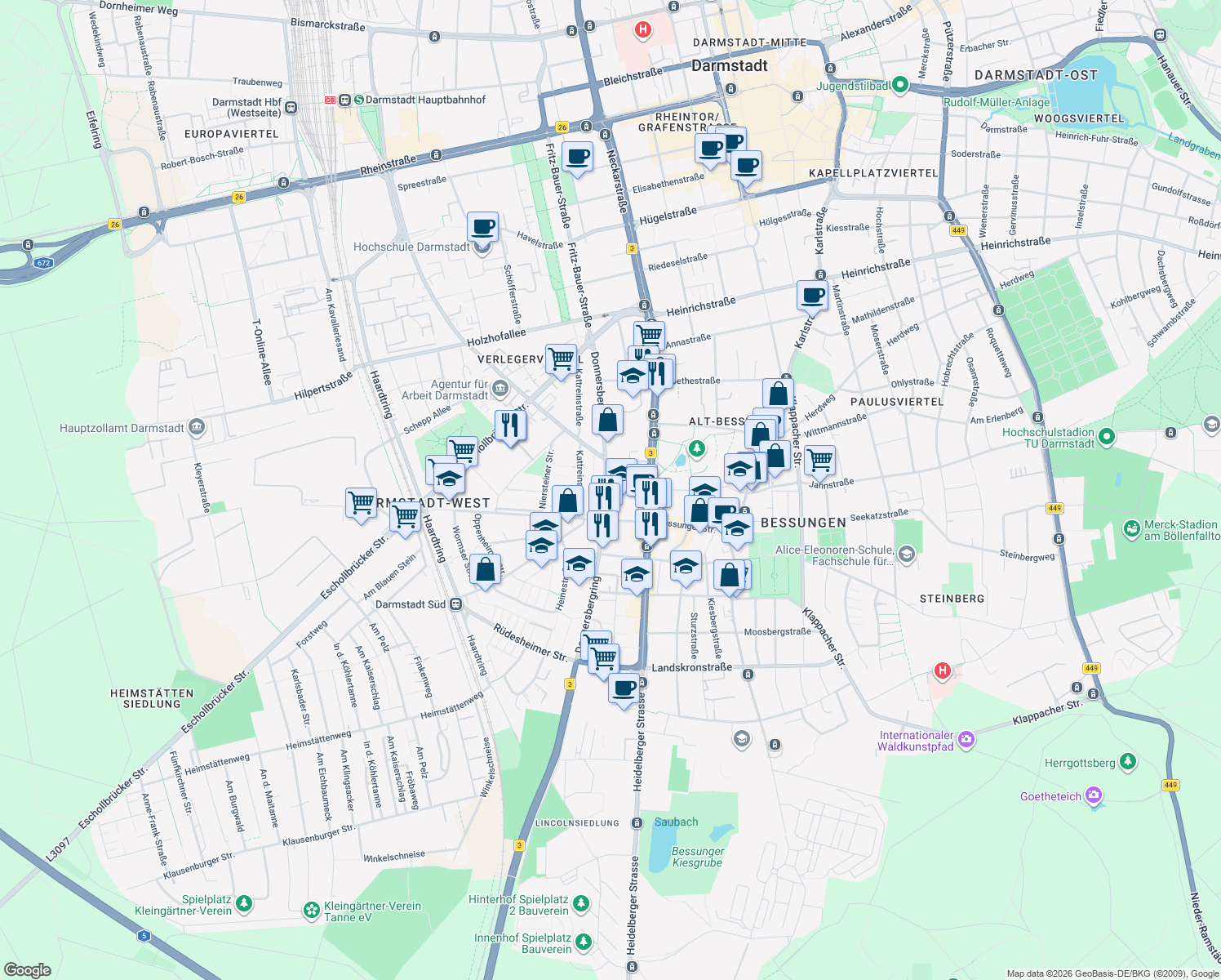map of restaurants, bars, coffee shops, grocery stores, and more near 38 Donnersbergring in Darmstadt