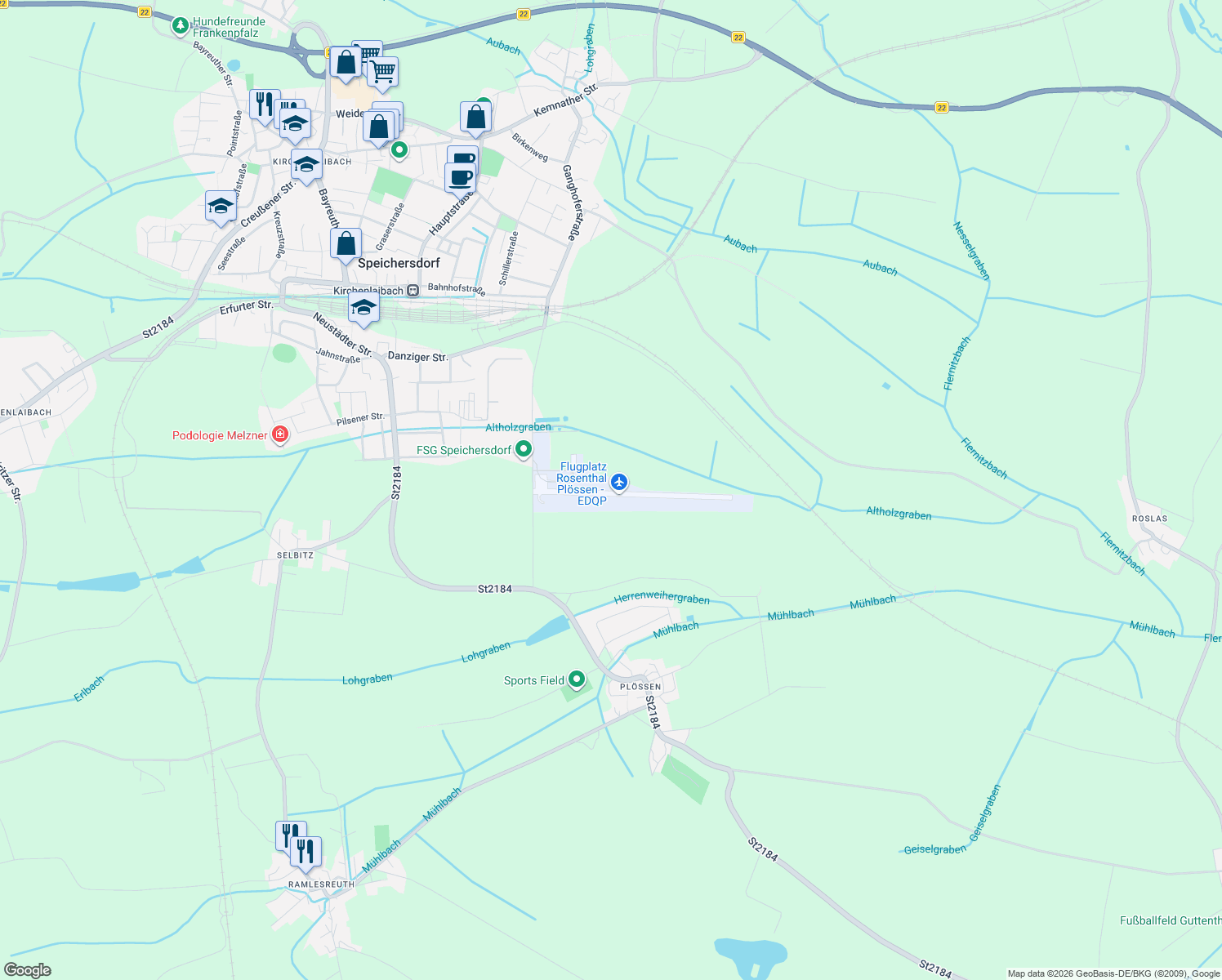 map of restaurants, bars, coffee shops, grocery stores, and more near 21 Manfred-Strößenreuther-Straße in Speichersdorf