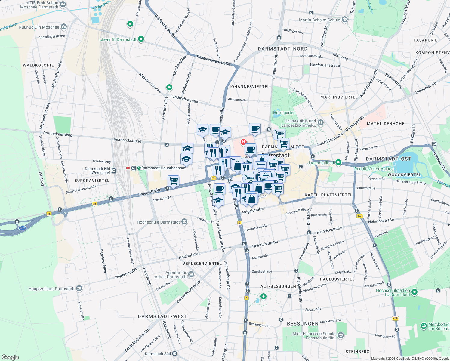 map of restaurants, bars, coffee shops, grocery stores, and more near 40 Rheinstraße in Darmstadt