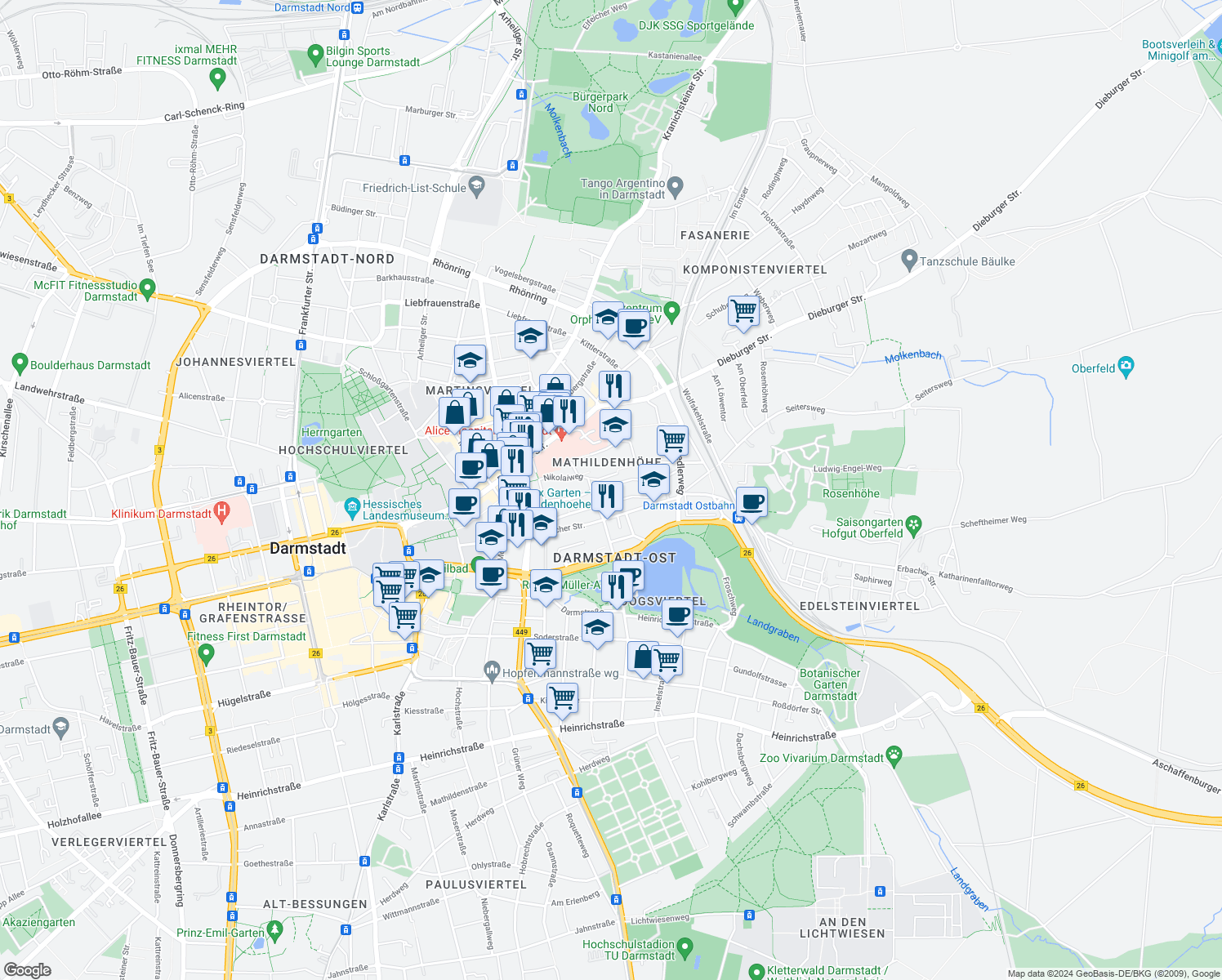 map of restaurants, bars, coffee shops, grocery stores, and more near 17 Alexandraweg in Darmstadt