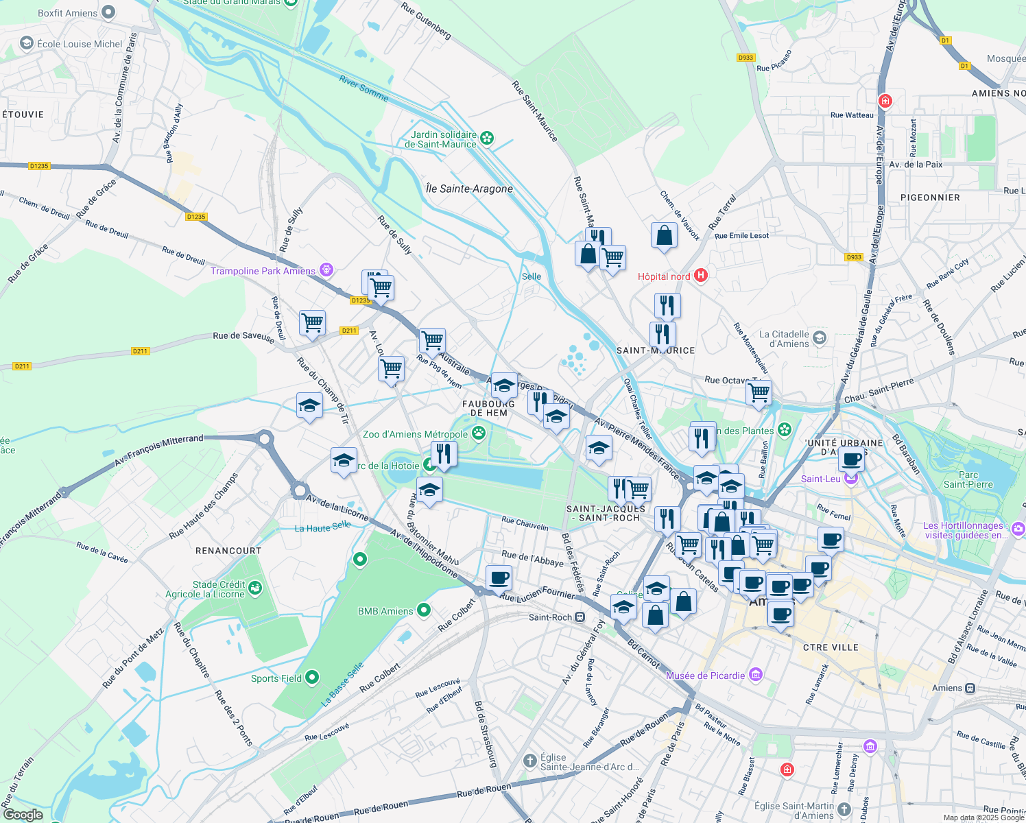map of restaurants, bars, coffee shops, grocery stores, and more near 101 Rue du Faubourg de Hem in Amiens