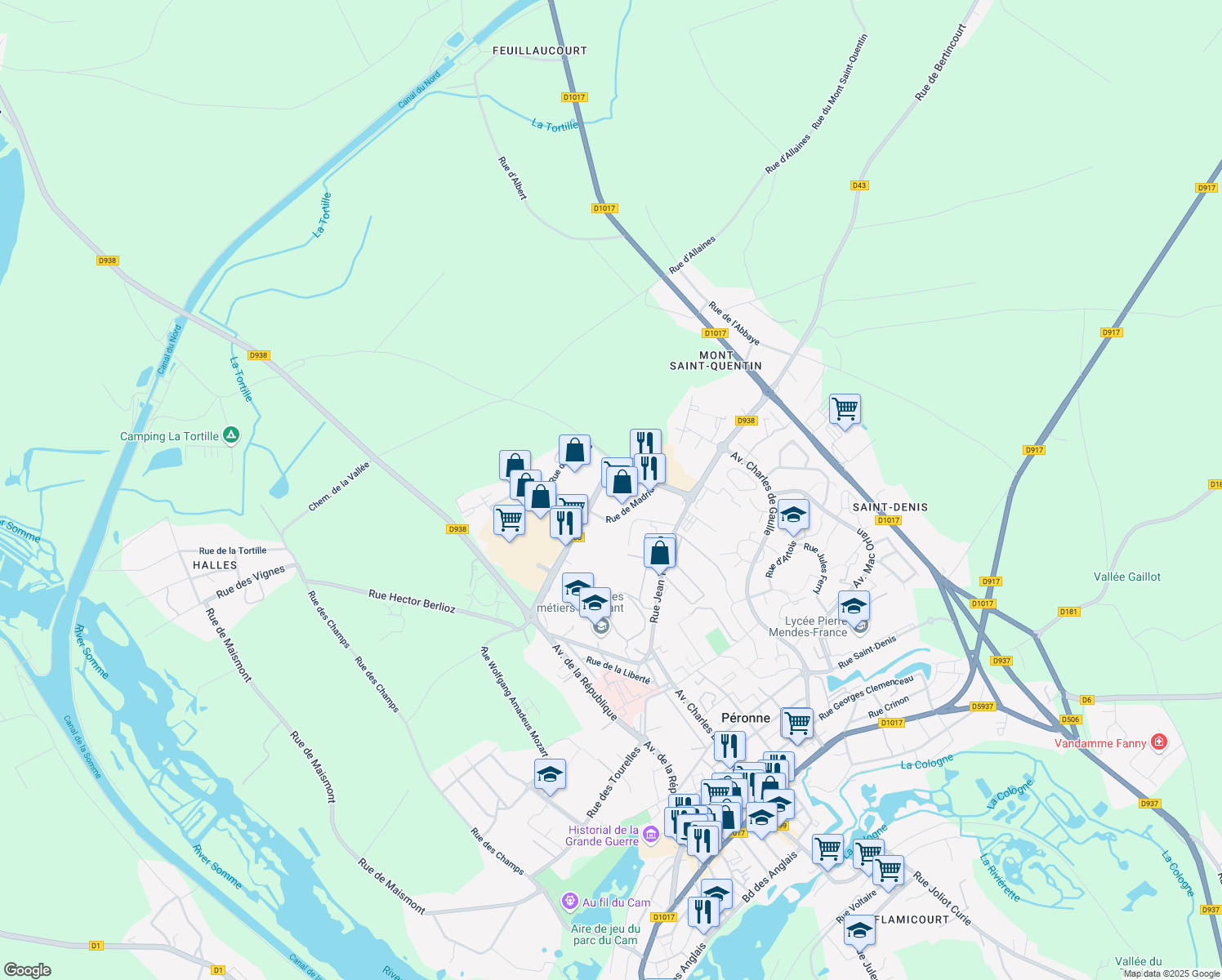 map of restaurants, bars, coffee shops, grocery stores, and more near 23 Avenue de l'Europe in Péronne